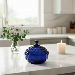 Vintage 1960s Indiana Glass Colony Whitehall Cobalt Blue Cubist Candy Dish